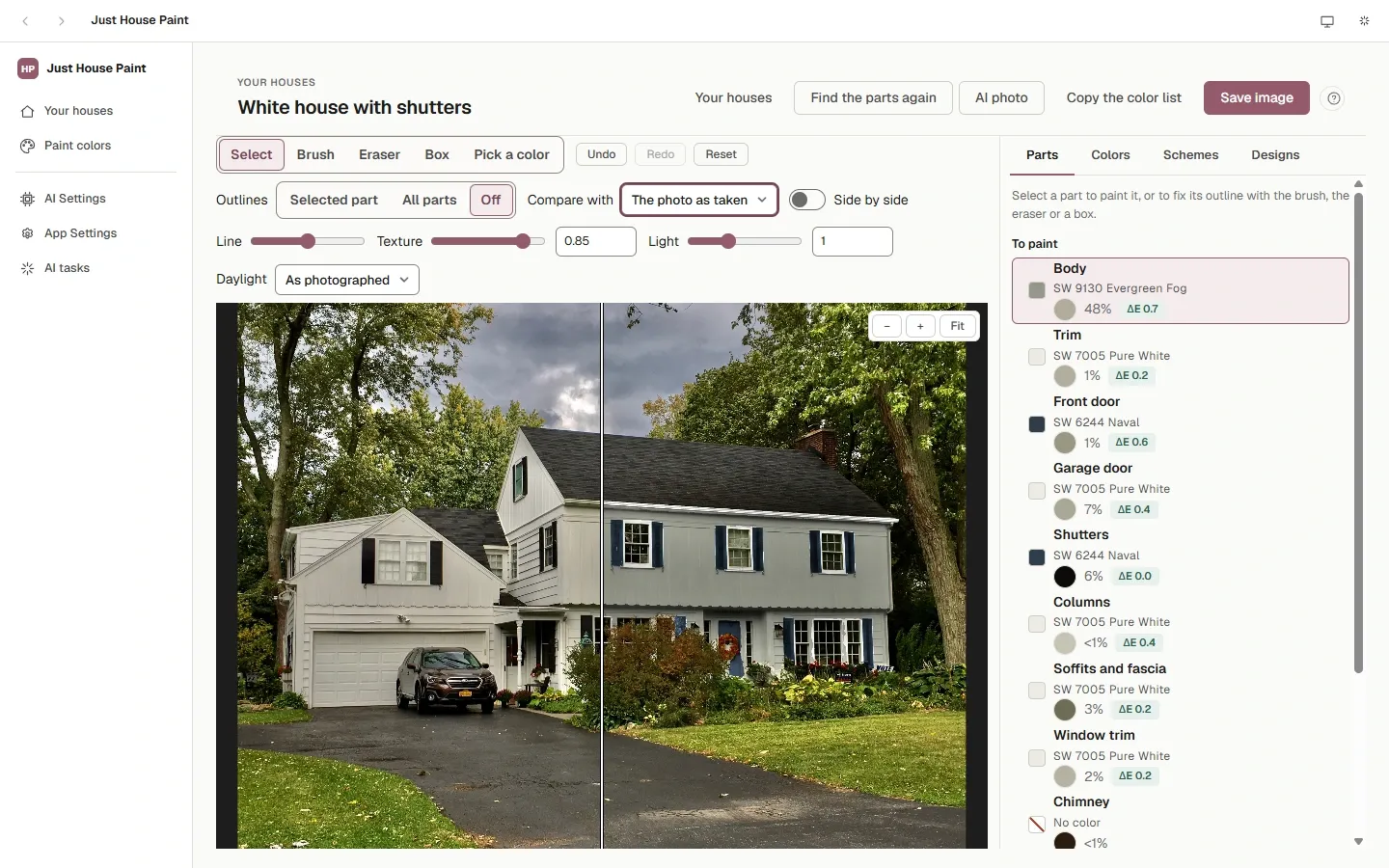 The house split down the middle: the photo as taken on the left, painted on the right
