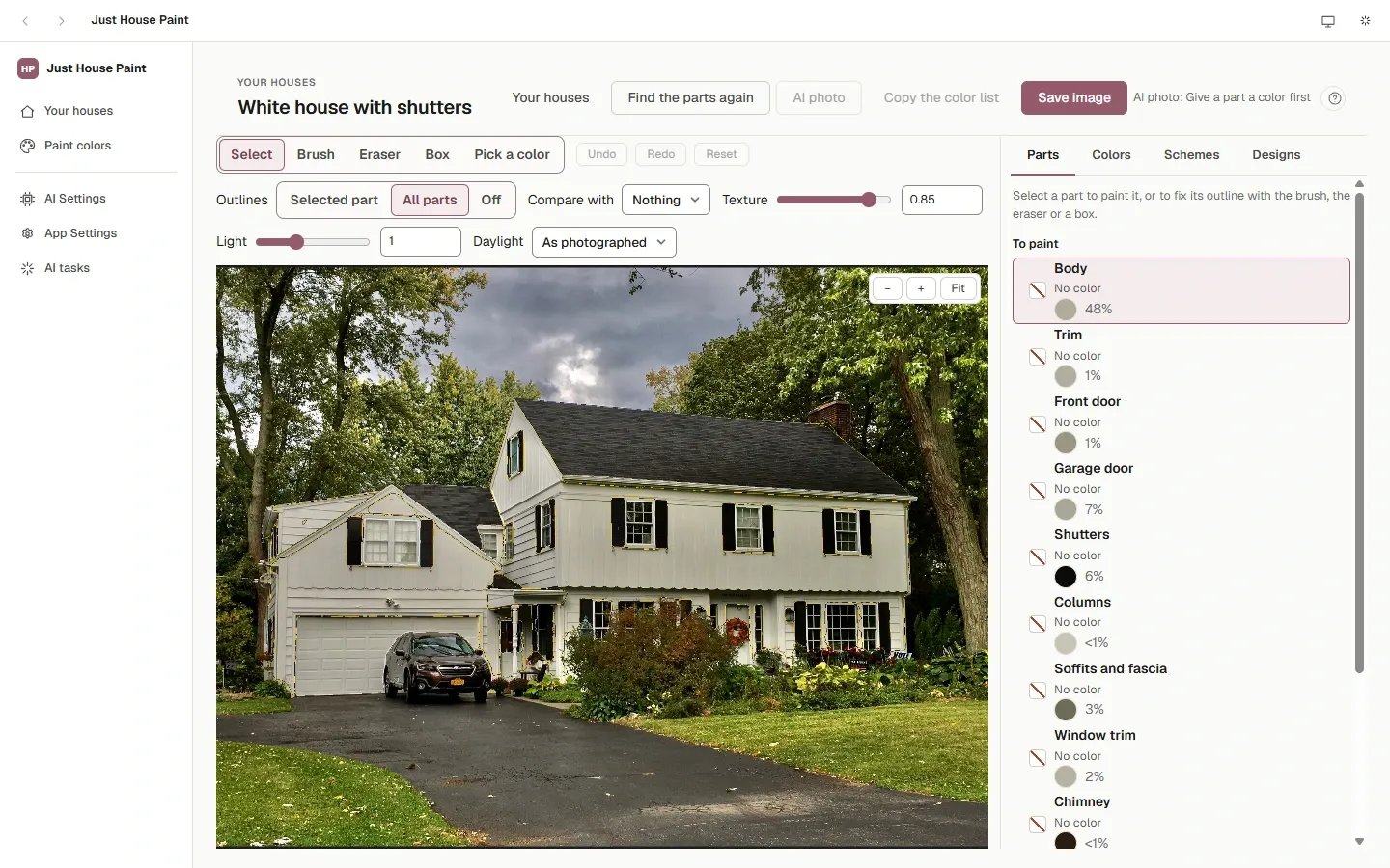 A house with all its parts outlined, listed beside it